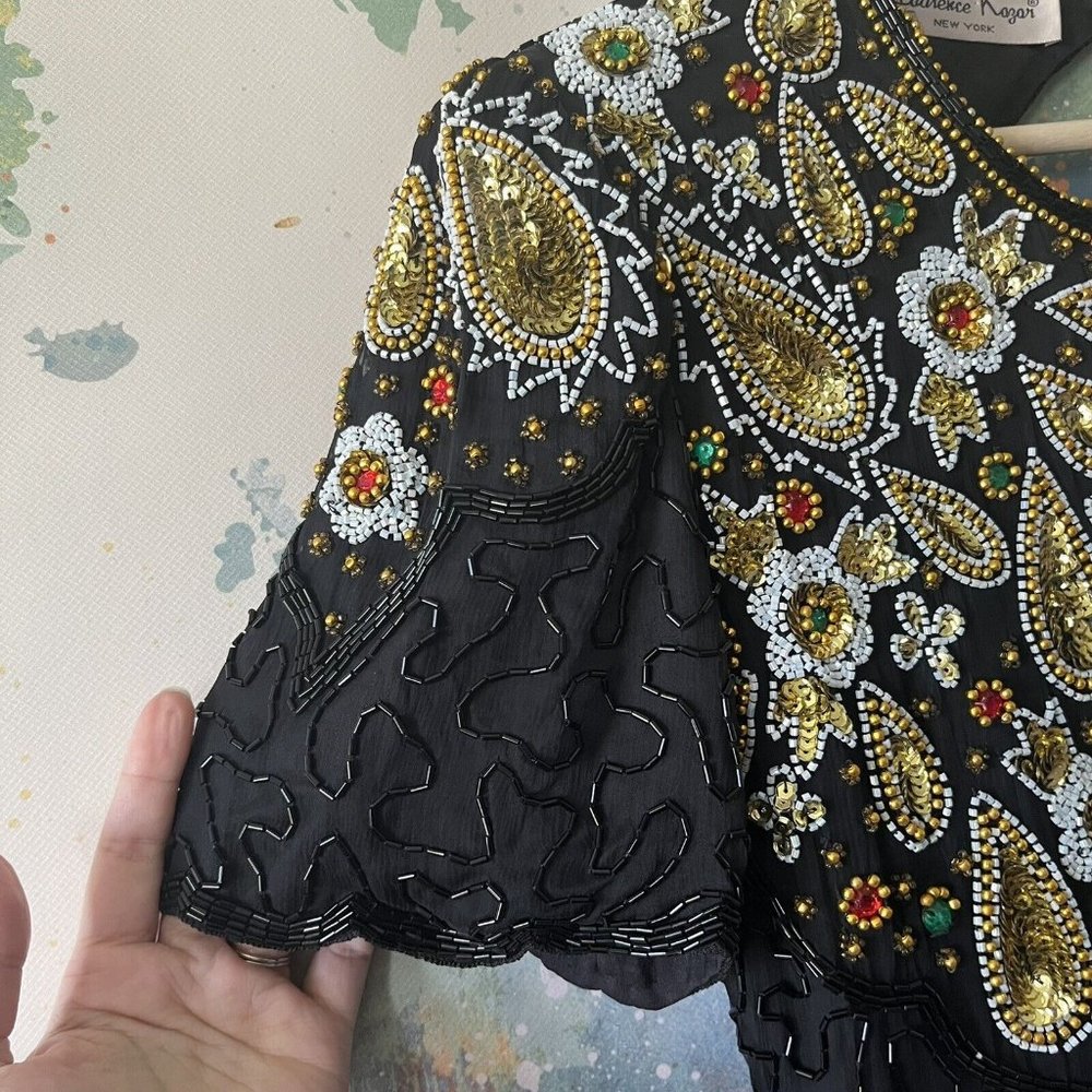 Laurence Kazar Petite Medium Dress Beaded Sequin Silk‎ Multi Black Short Sleeve - Picture 3 of 9